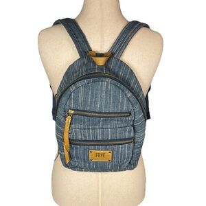 Frye Ivy Blue Denim Mini Backpack Striped Cotton Leather Gold Zipper